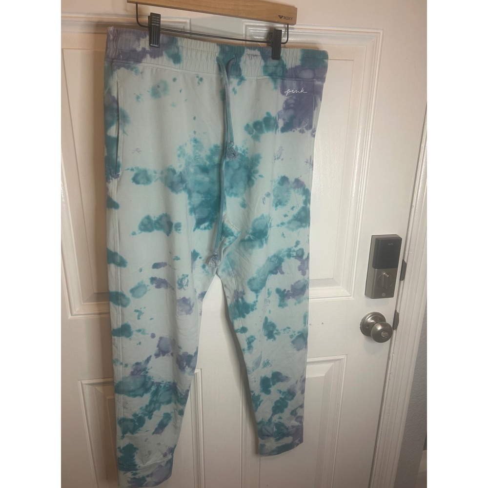 PINK Victoria's Secret Joggers Blue Tie Dye Drawstring Fleece Sweatpants XL